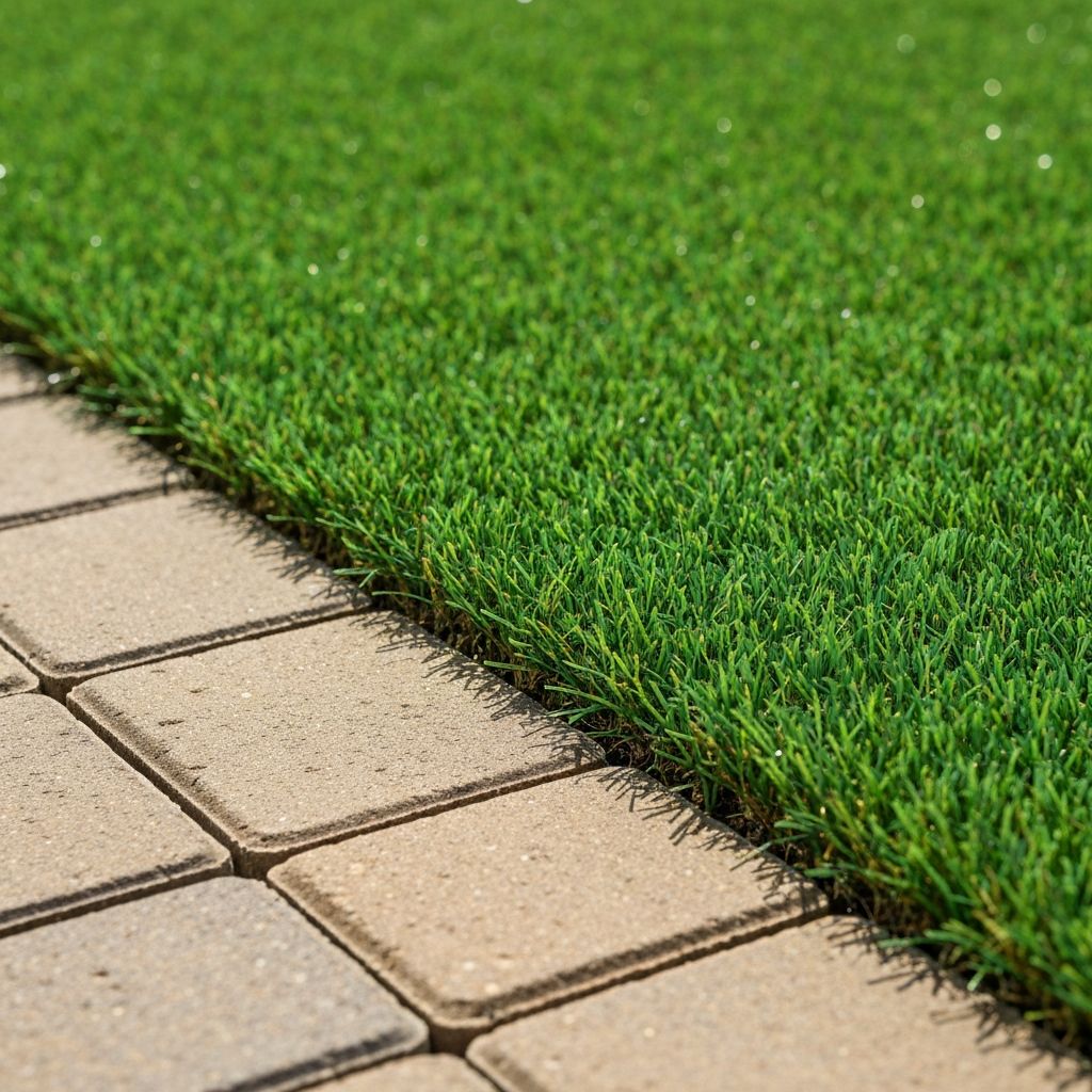 Close-up of turf meeting stone pavers with clean edging